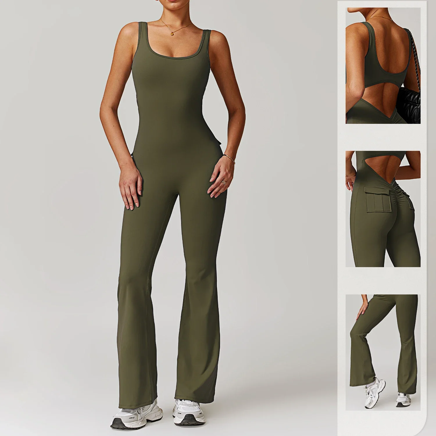 Hollow Out Back Yoga Jumpsuit Hip Lift Backless Workwear Multi Pocket Casual Flared Pants Gym Running Quick Dry Fitness Clothing