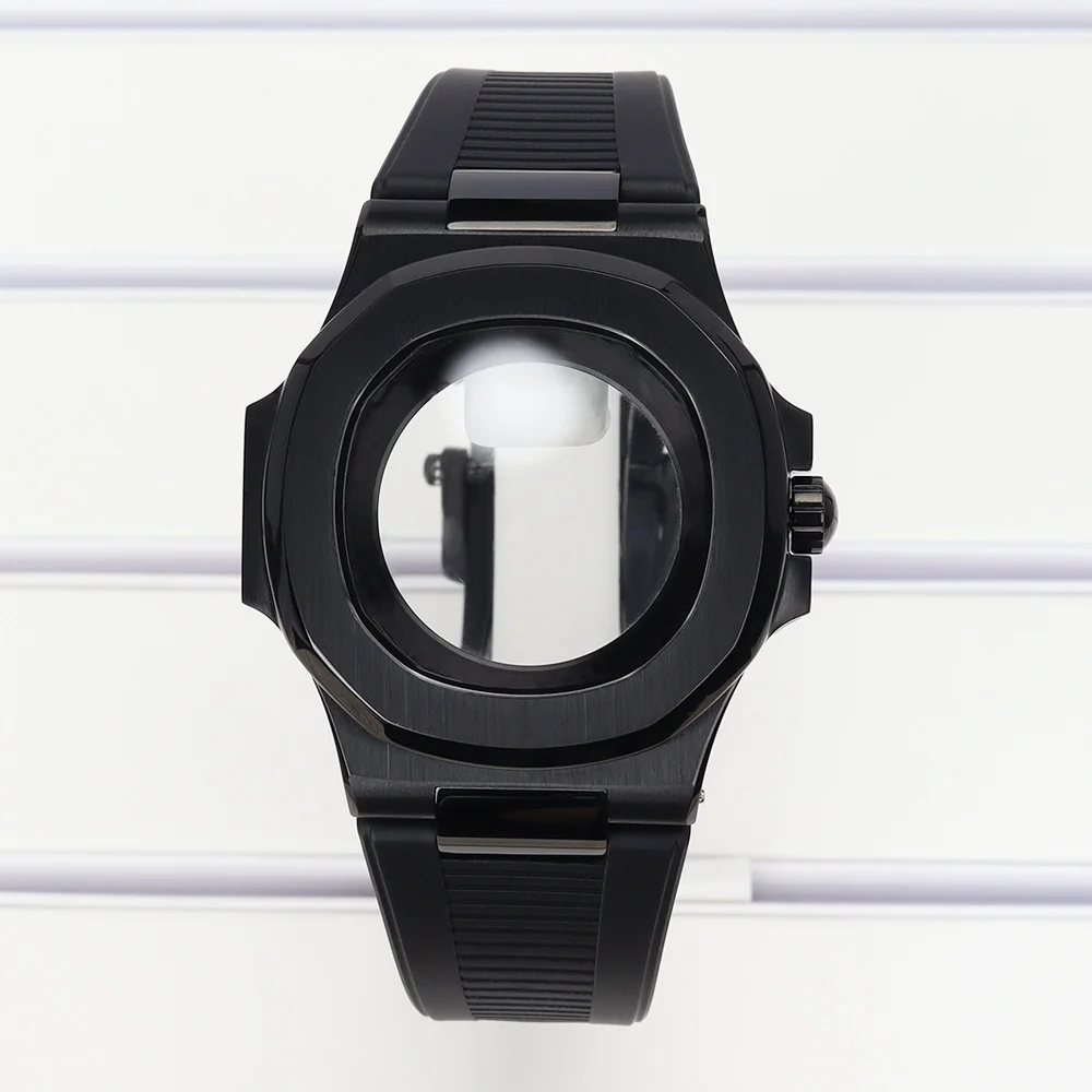 

40mm Brushed Black Watch Case Rubber bands Sapphire Glass For Mod Nautilus NH35 NH36 NH38 4R36 Movement 30.5mm Dial glass back