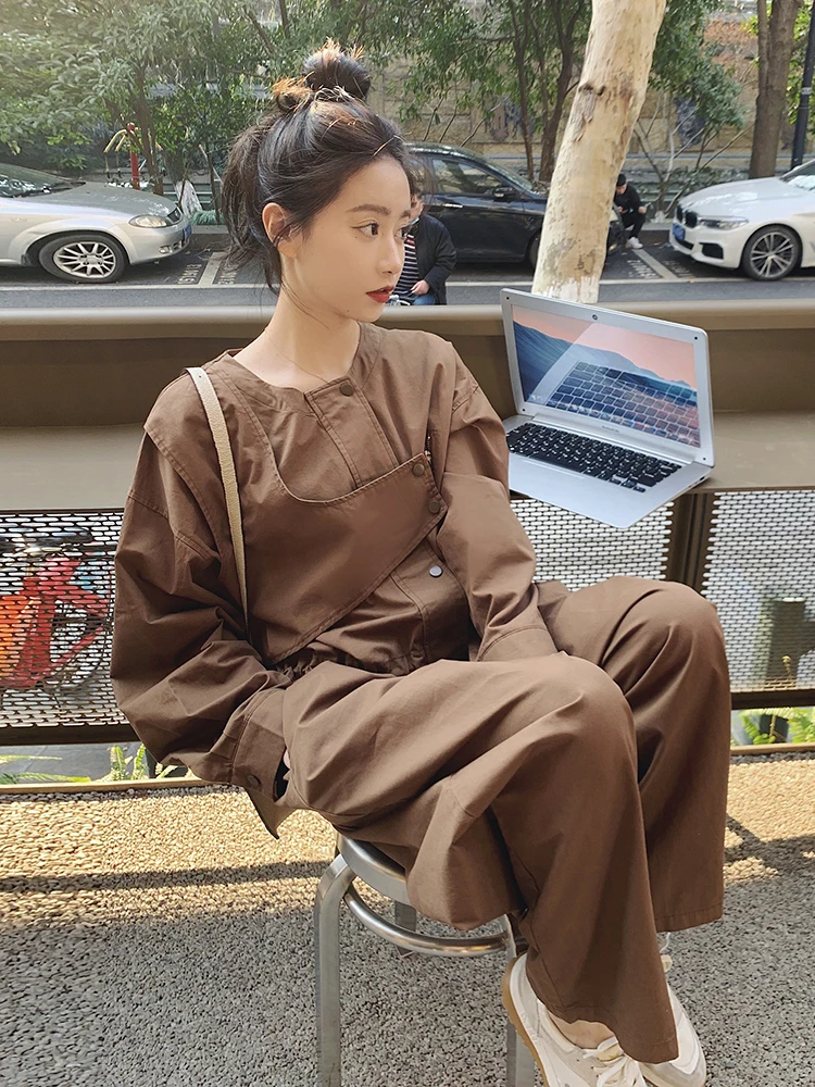 

Ce Brown Workwear Jumpsuit Women's Early Spring New Korean Design Wide Leg Pants Set High Waist Long Pants Online Exclusive