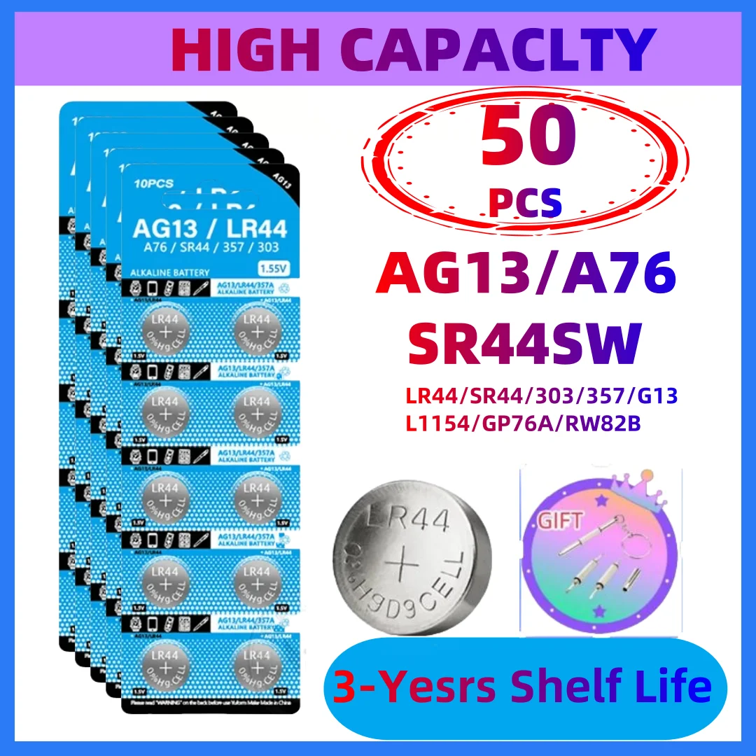 

50PCS AG13 LR44 A76 Button Cell Coin Alkaline Battery 1.5V SR44SW pila 357 303 for Watches Toys No Mercury lithium battery pack