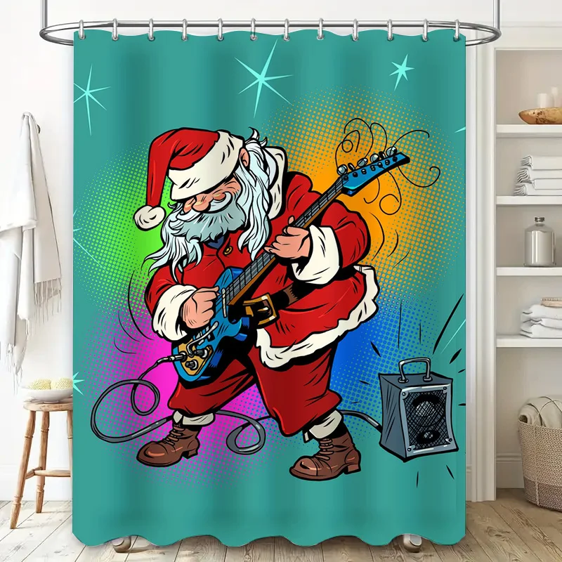 TU Rockstar Santa Claus Tirai Mandi Dekorasi Musik Natal Kain Kamar Mandi Hadiah Liburan Meriah Dinding Santa Claus Rock and Roll
