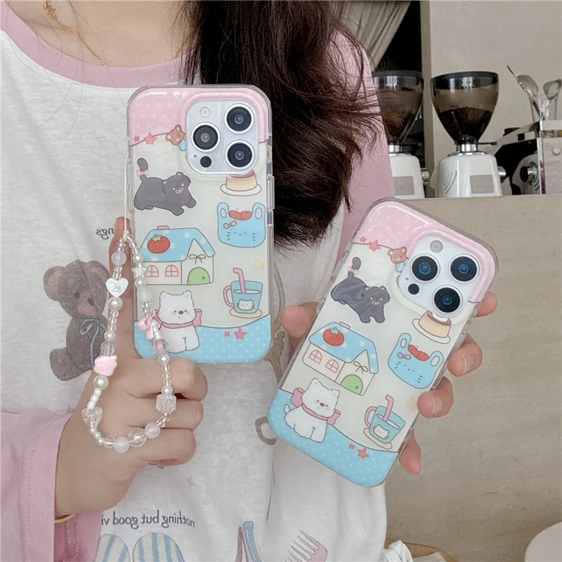 

Korean Cute Cat Dog Phone Case For iPhone 16 Pro 14 15 Pro Max Back Cover with Chain Shockproof Cases Cartoon Funda