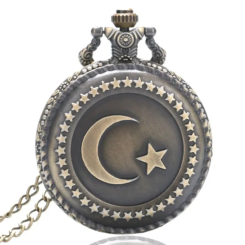 Antique Turkey Flag Design Men Women Quartz Pocket Watch Carving Moon Star Pendant Necklace Chain Clock Reloj de bolsillo