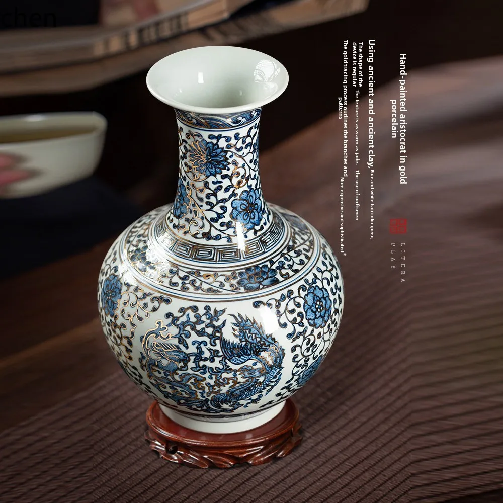 living room Chinese vase hand-painted blue gold large porcelain vase flower arrangement decoration high-end ornament