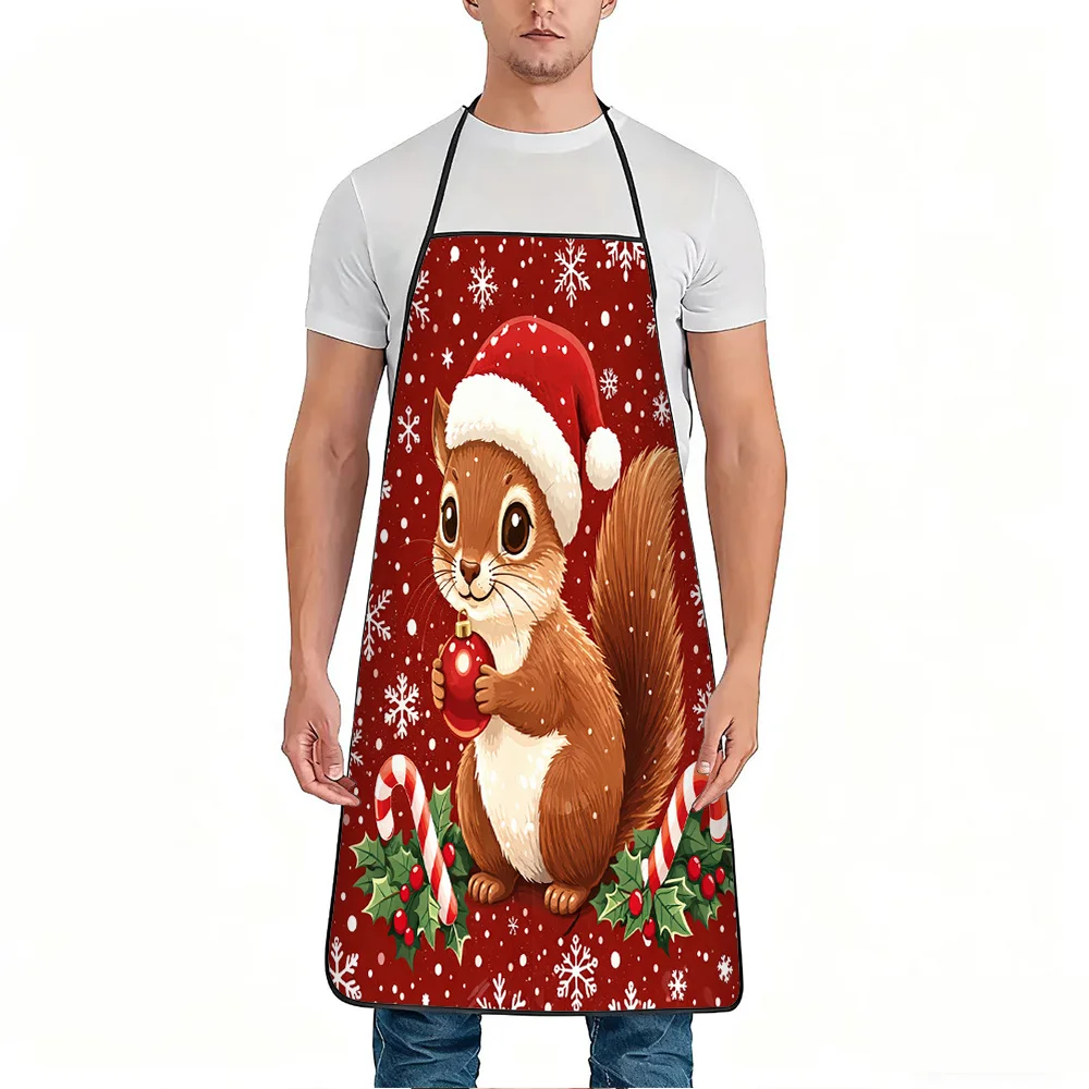 1pc Christmas Squirrel Candy Cane Snowflake Print Apron,Polyester Material, for Kitchen Cooking, Gardening,Christmas Halloween