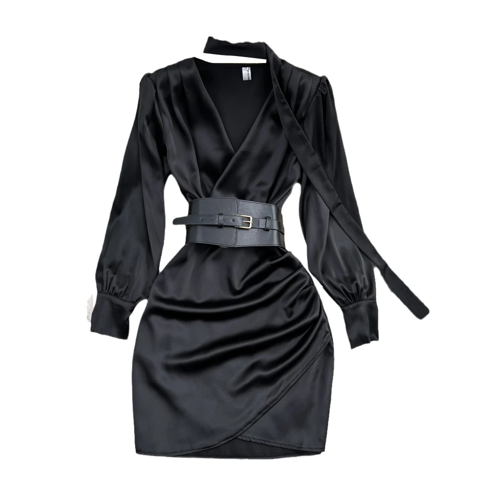 Autunno Hepburn Sle Acetato Raso Bla V-ne Bubble Long Sve Dimagrante Avvolgente a pieghe Aderente Dr Coreano Sle Vita alta...