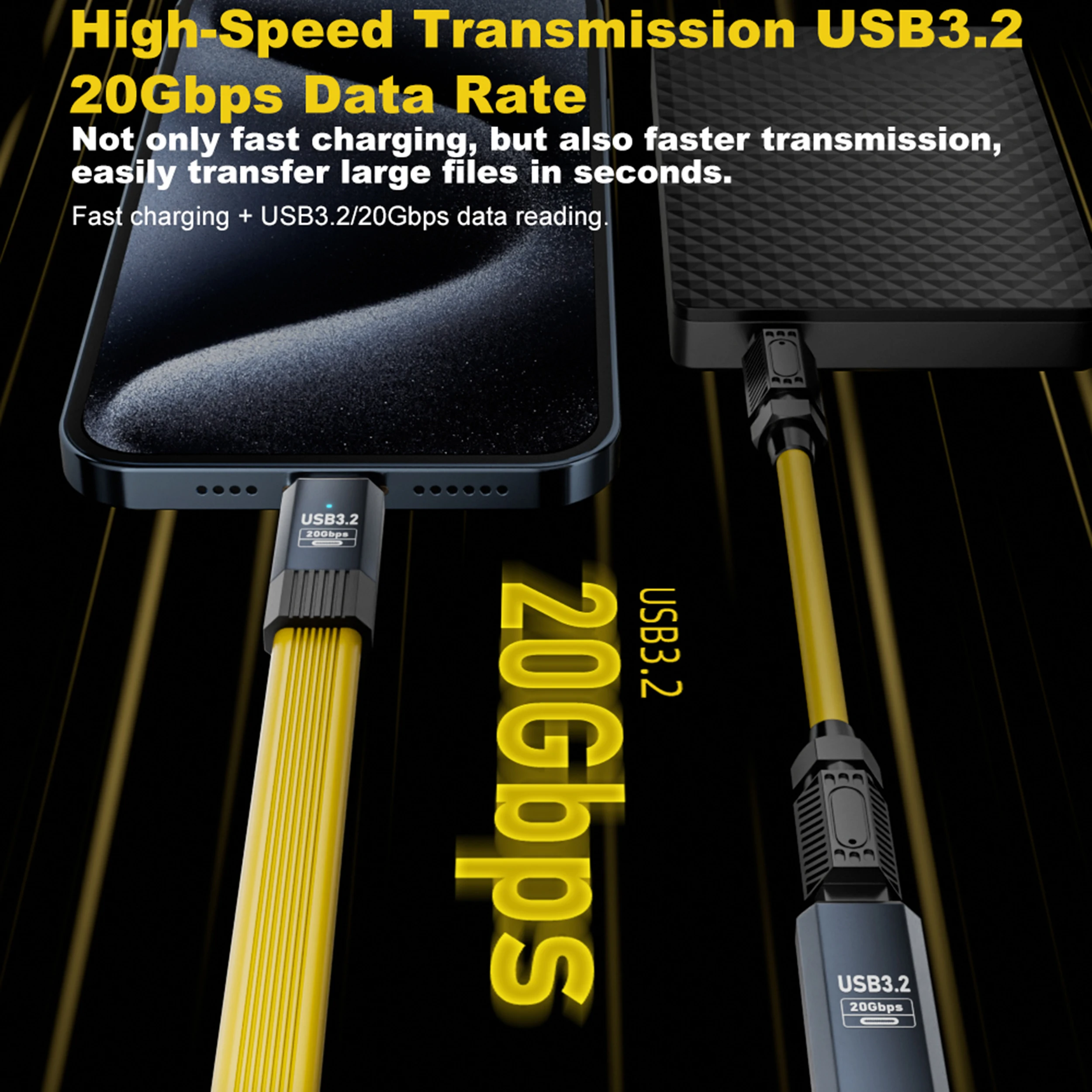 USB3.2 20Gbps ThunderBolt 3 Type C to C Extension Data Cable PD100W 5A USB-C Cord For iPhone 16 15 MacBook Pro Samsung Xiaomi