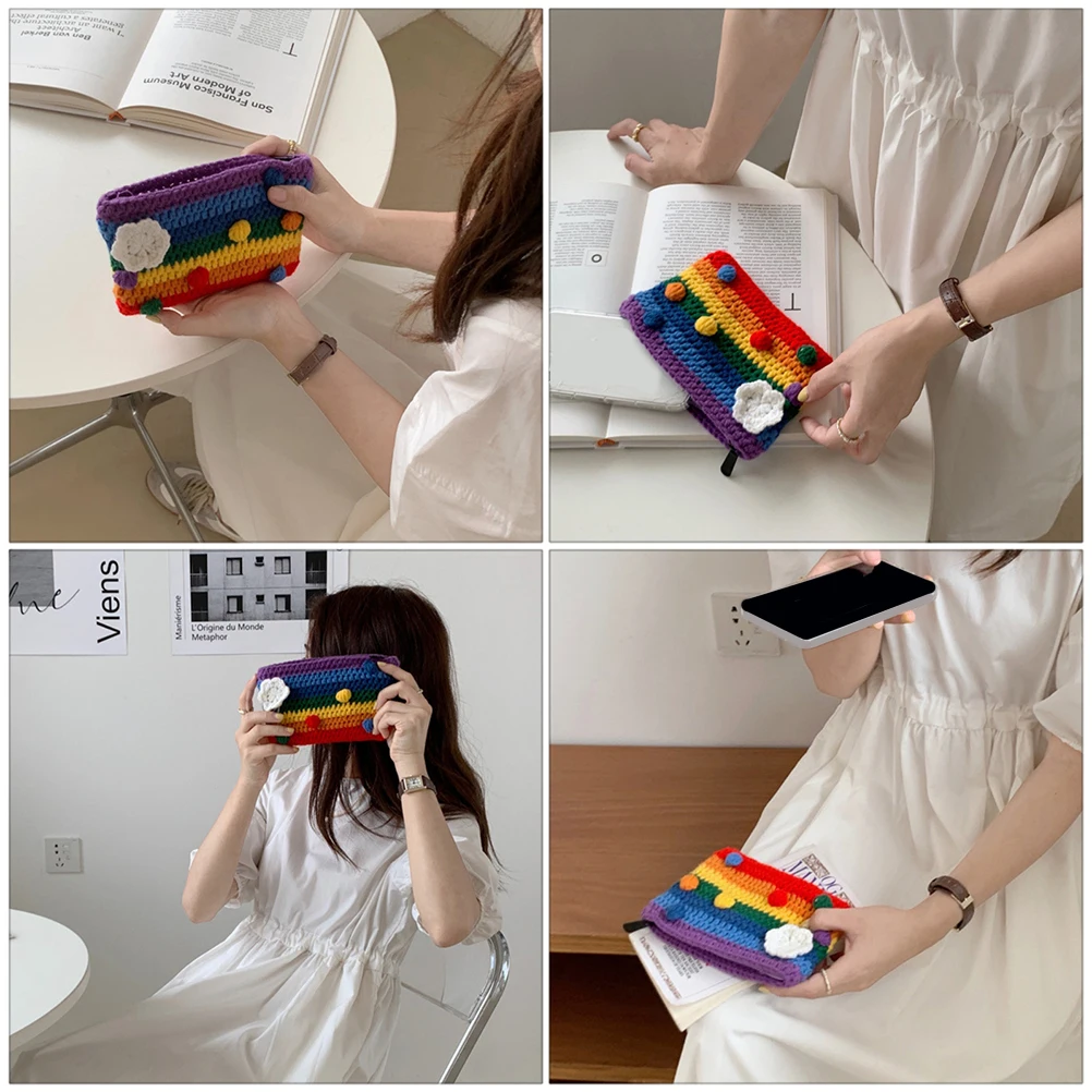 

1Pcs Rainbow Knitted Handbag Colorful Wool Yarn Change Bag Coin Purse Phone Bag for Daily Work Business Travel