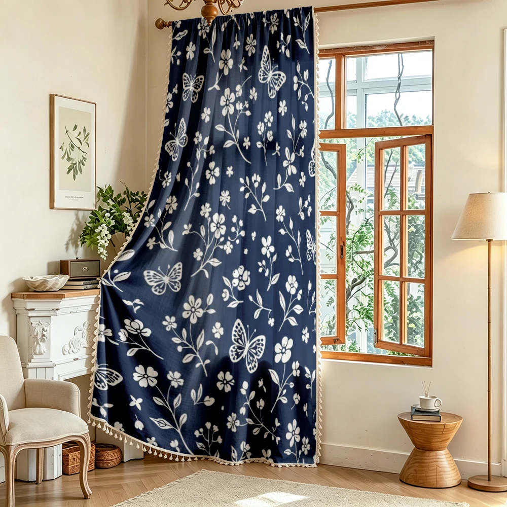 1PC Vintage Tassel Sheer Curtains, Navy White Floral, Digital Print, Polyester, Bedroom Living Room, Rod Pocket, Home Decor