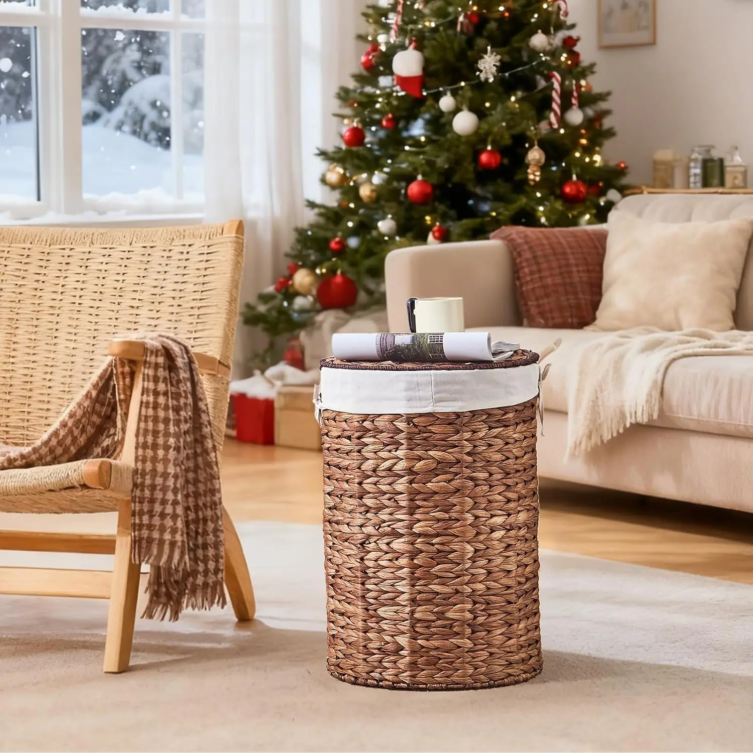Round Water Hyacinth Laundry Hamper with Lid Handwoven Wicker Basket with Handles for Dirty Clothes, Storage, and Organization