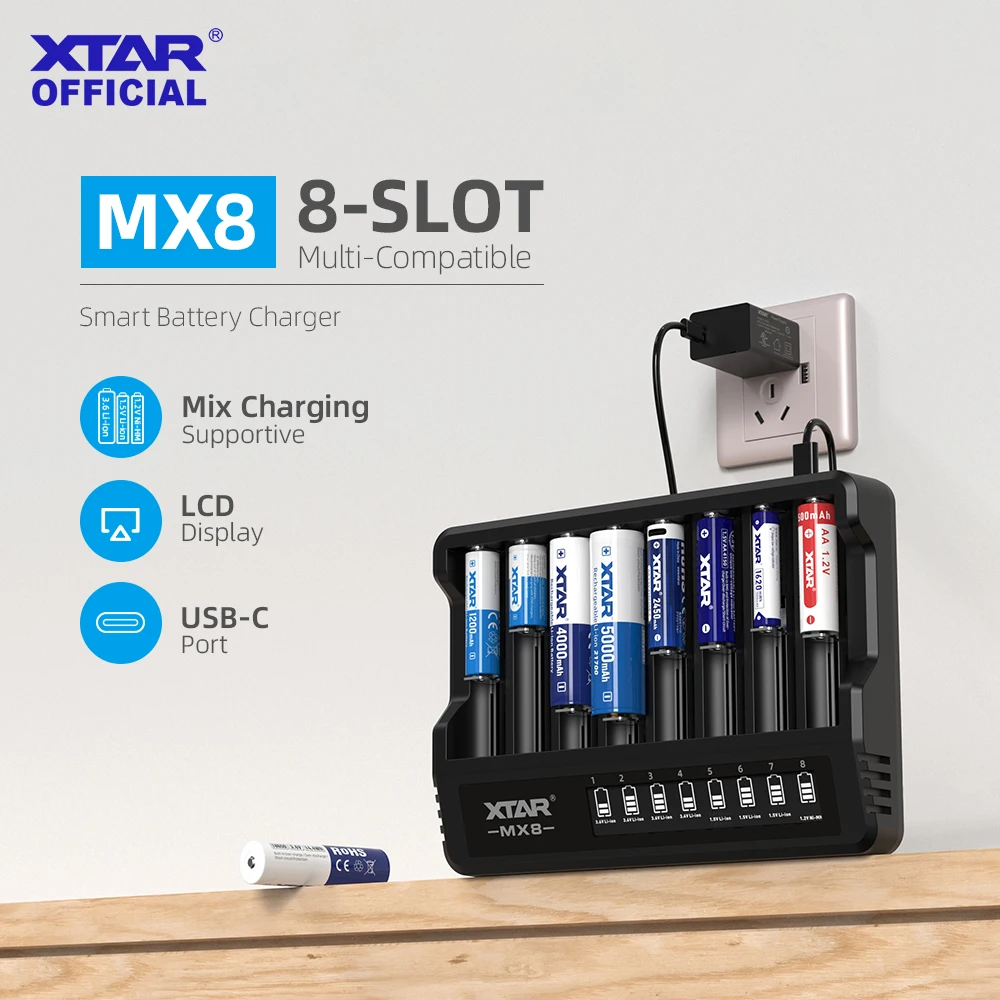 Inteligentna ładowarka do akumulatorów XTAR MX8: 8-gniazdowa ładowarka LCD do akumulatorów Li-ion/Ni-MH z aktywacją 0V i pełną ochroną — zdjęcie produktu 2