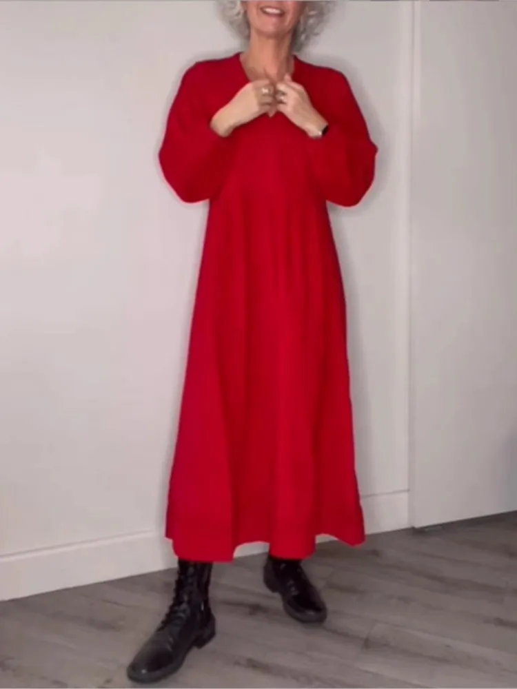 

Women's Fashion Solid Dress Casual V Neck Long Sleeve Loose Dresses Robe Femme Elegant Office Womens Clothing Autumn Winter New