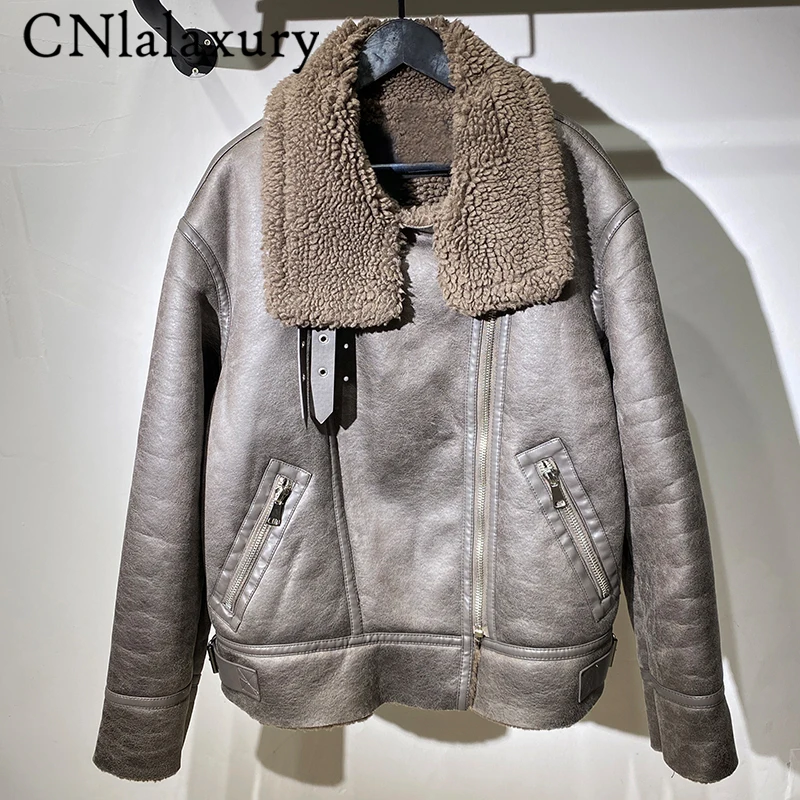 CNlalaxury Winter Woman High QualityThick Fleece Faux Leather Jacket Coat Casual Pocket Zip Warm Motorcycle Outwear Ladies