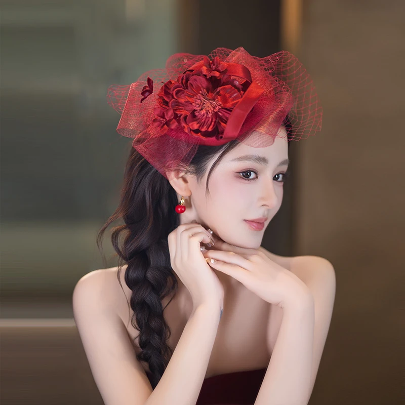 

2025 Bridal Headdress Burgundy Three-dimensional Flower Mesh Top Hat Elegant Hair Accessories