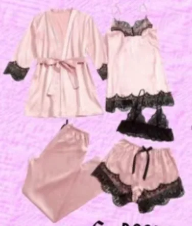 

Women's Satin Sleepwear Pajama Set Pink Sexy Lingerie Bath Robe Lace Patchwork Silk Night Dress Trousers Home Clothed Nightwear