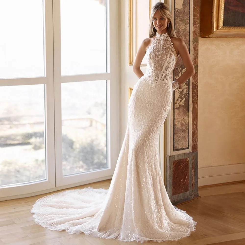 Charming Lace Bridal Gowns with Handmade Flowers Customized Halter Mermaid Wedding Dress Delicate Beading Vestido De Novia