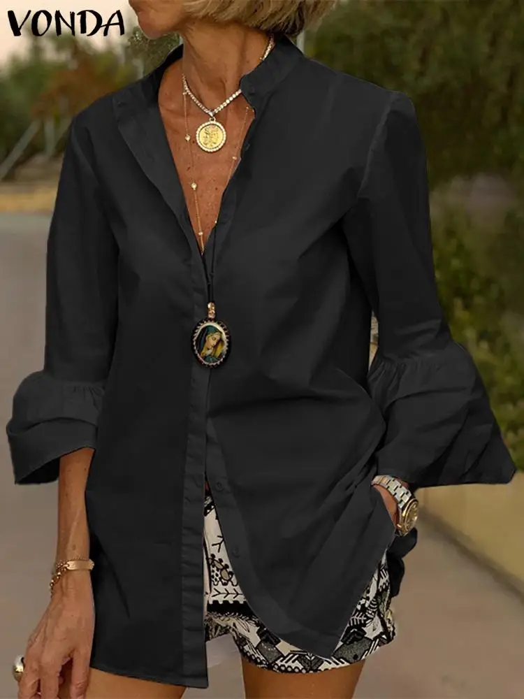 VONDA – chemise blanche à manches évasées pour femme, haut Sexy à col en V, boutonné, de bureau, couleur unie, printemps, 2022