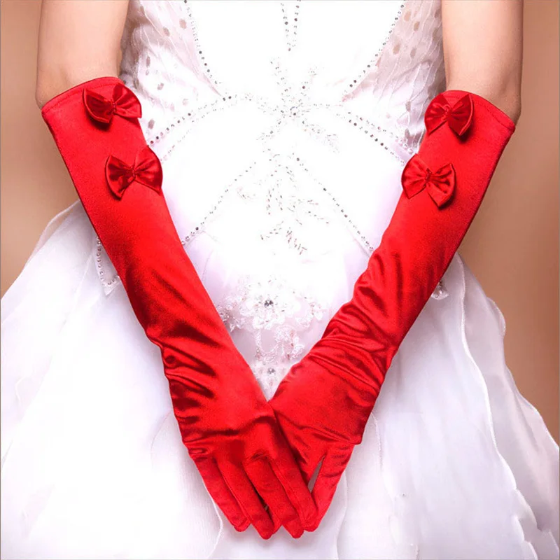 Gants de mariée en Satin avec Double nœud pour les doigts, mi-longueur, perlée, rouge, blanc, Beige, noir, manches