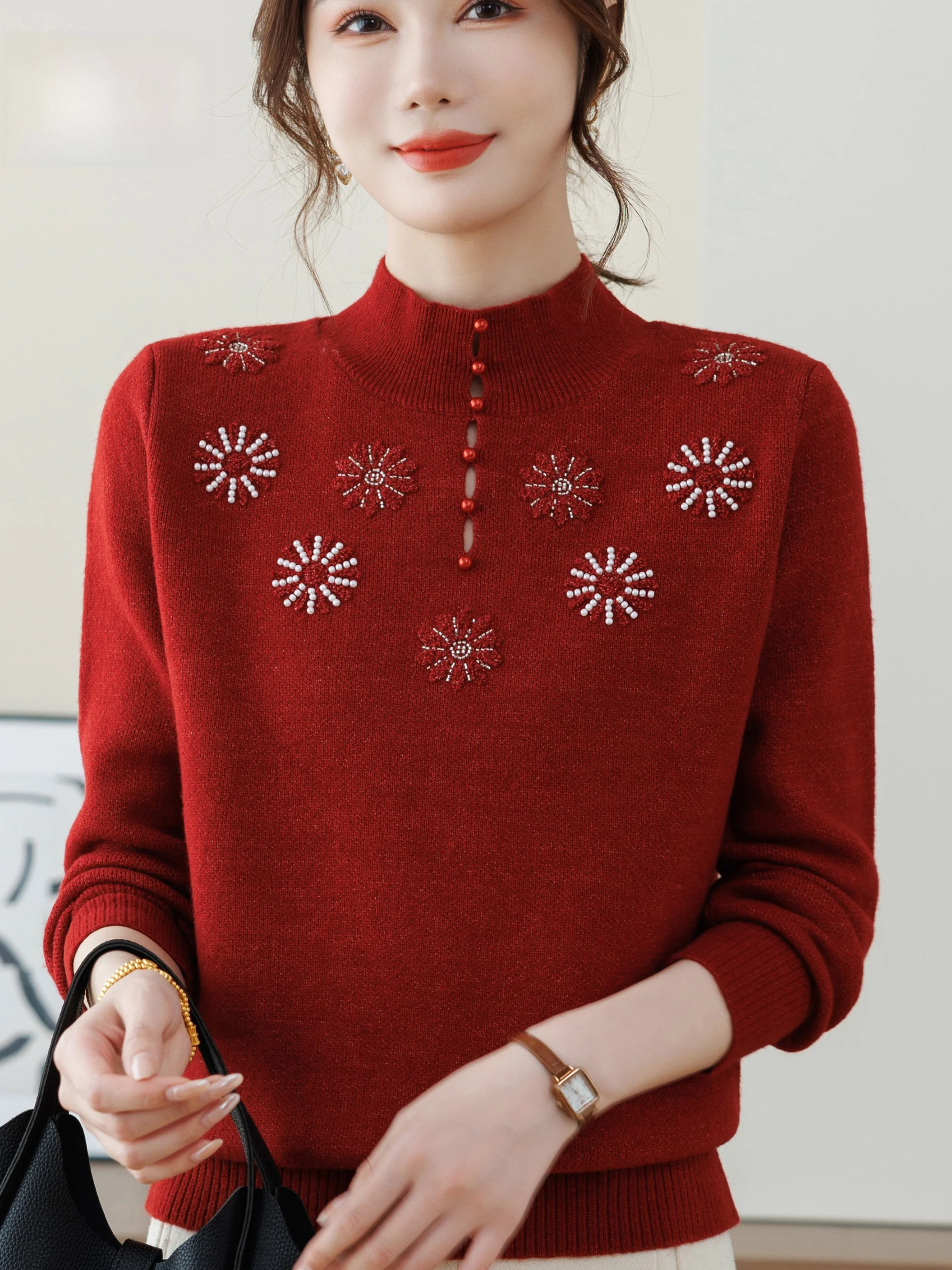 

Sli Knitted Embroidered Sweater f High Collar Overhead for Middle-Aged Women Autumn Winter Warm Faionable Base irt