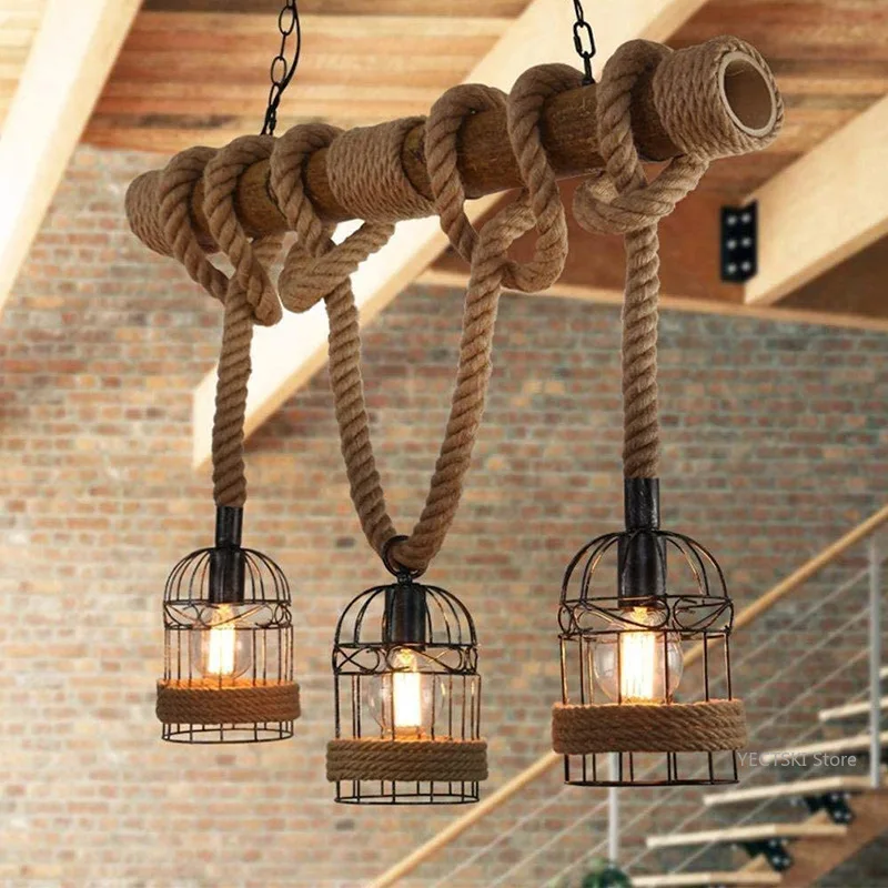 

American retro style homestay bamboo art hemp rope bird cage pendant light industrial style bar front desk restaurant light