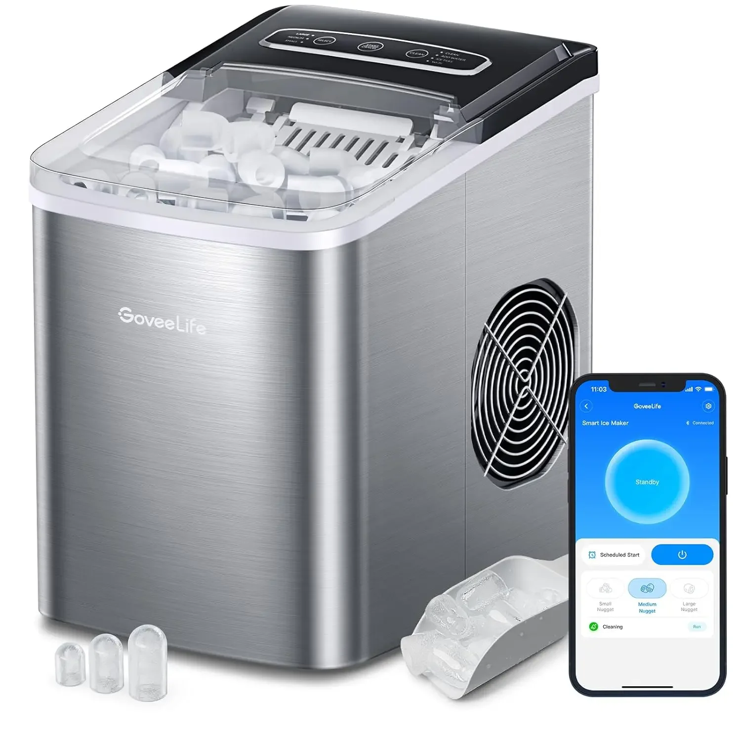 Smart Ice Makers Countertop, Portable Ice Machine with Voice Remote, 9 Ice Cubes in 6 Minutes 3 Sizes, 26lbs/Day, Self