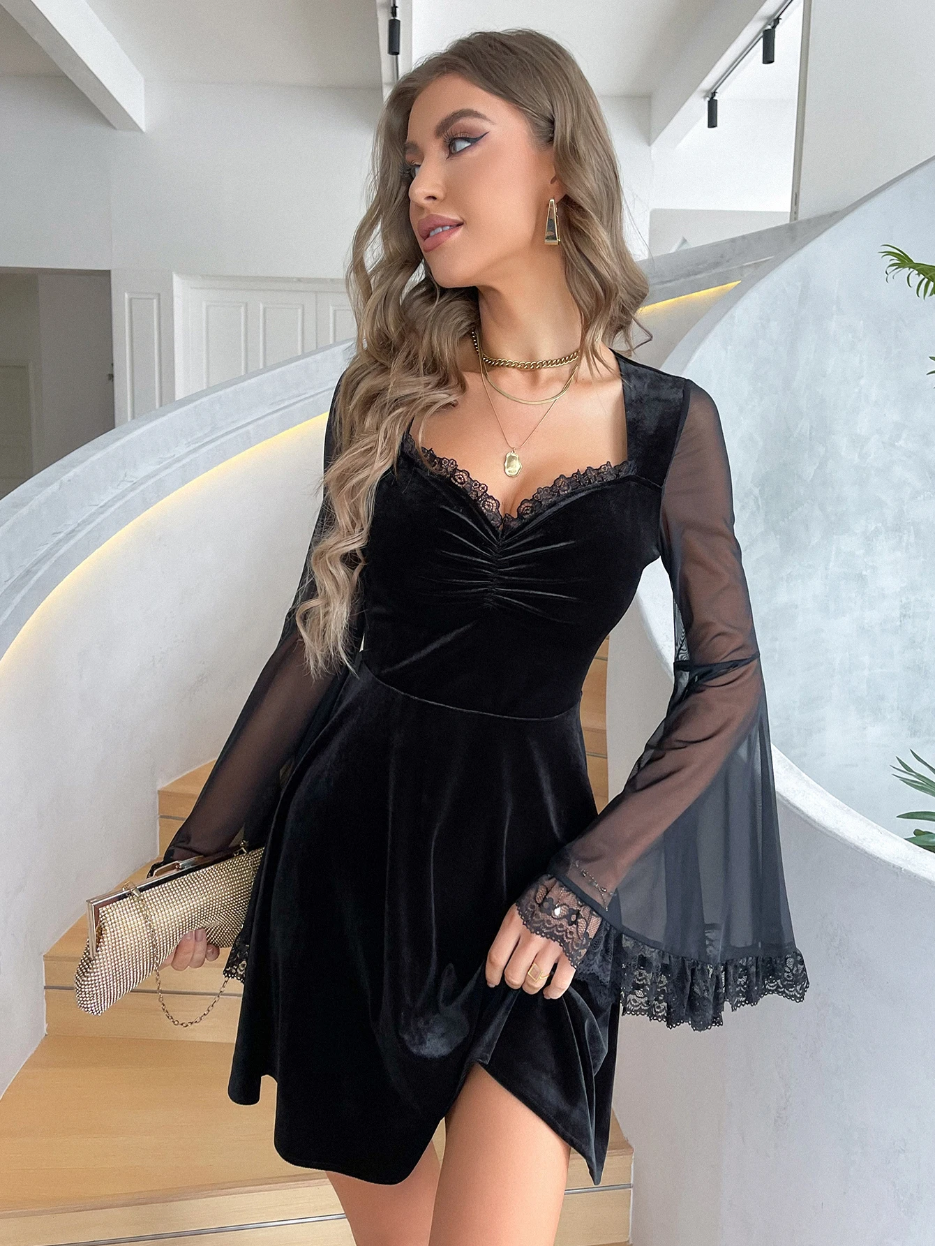 

Bold Shade Gothic Long Flare Sleeve V-neck Dresses Ruched Elegant Mesh Velvet Sexy Party Outfits Patchwork Women Lace Trim Dress