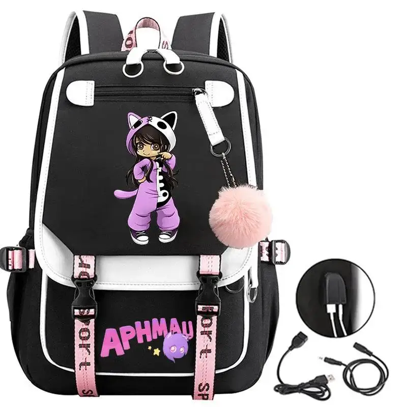 Aphmau-mochila con estampado de dibujos animados para niñas adolescentes, morral escolar con carga Usb, para ordenador portátil, para estudiantes