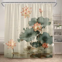 Pink Lotus Shower Curtains Vintage Chinese Style Flowers Plants Lake Nature Scenery Home Bathroom Decor Bath Curtain With Hooks