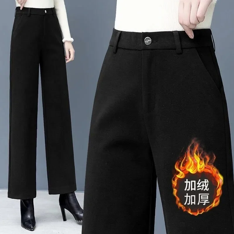 Ladies Leisure Woolen Pantalons Autumn Winter Thick Female High Waist Wide Leg Pants Women Large Size 4XL Straight Wool rousers