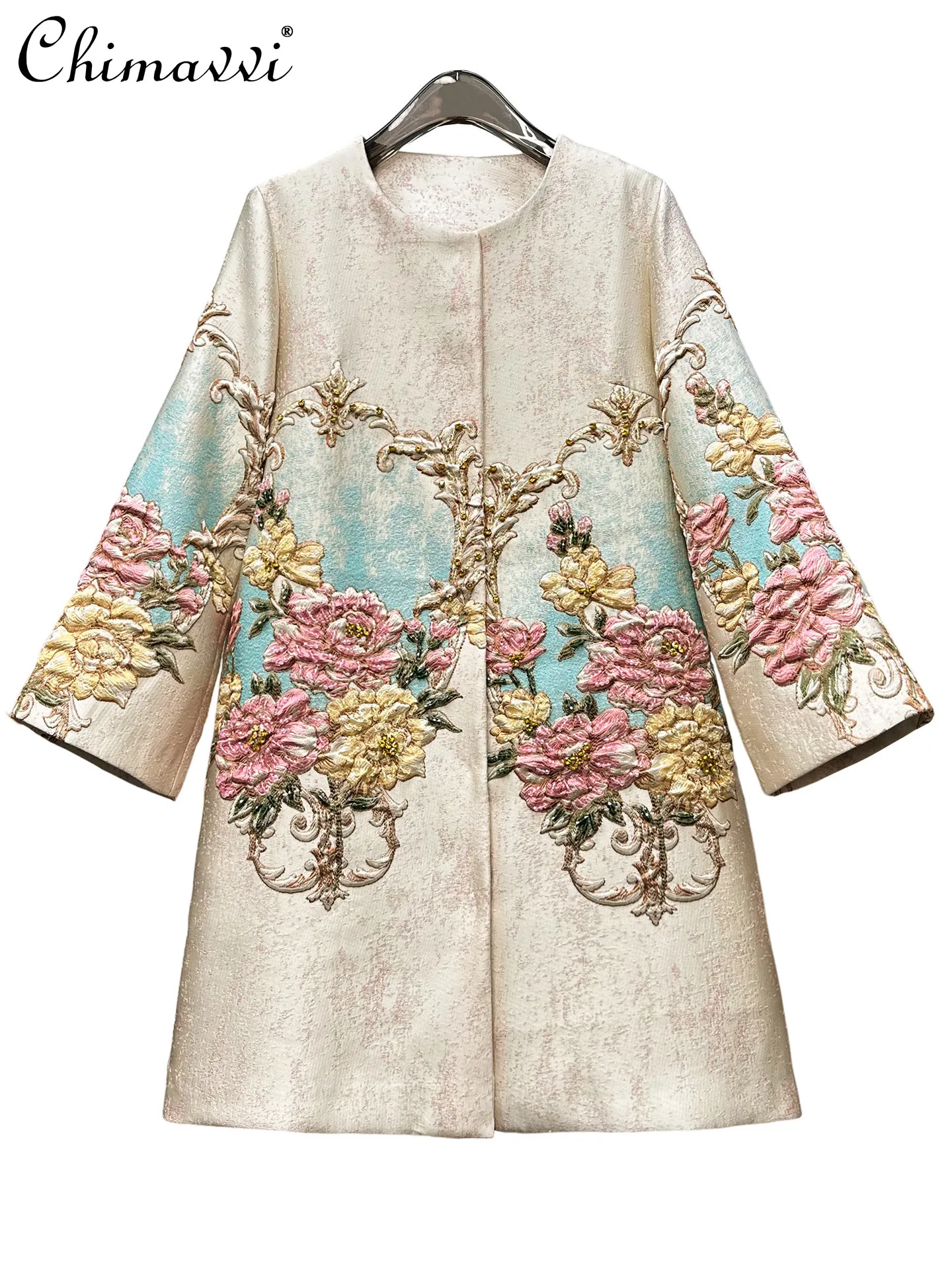 

Осенне-зимнее новое высококачественное ретро-пальто с жаккардовым узором, тяжелой вышивкой бисером и стразами, с круглым вырезом, рукавом три четверти, средней длины, женское