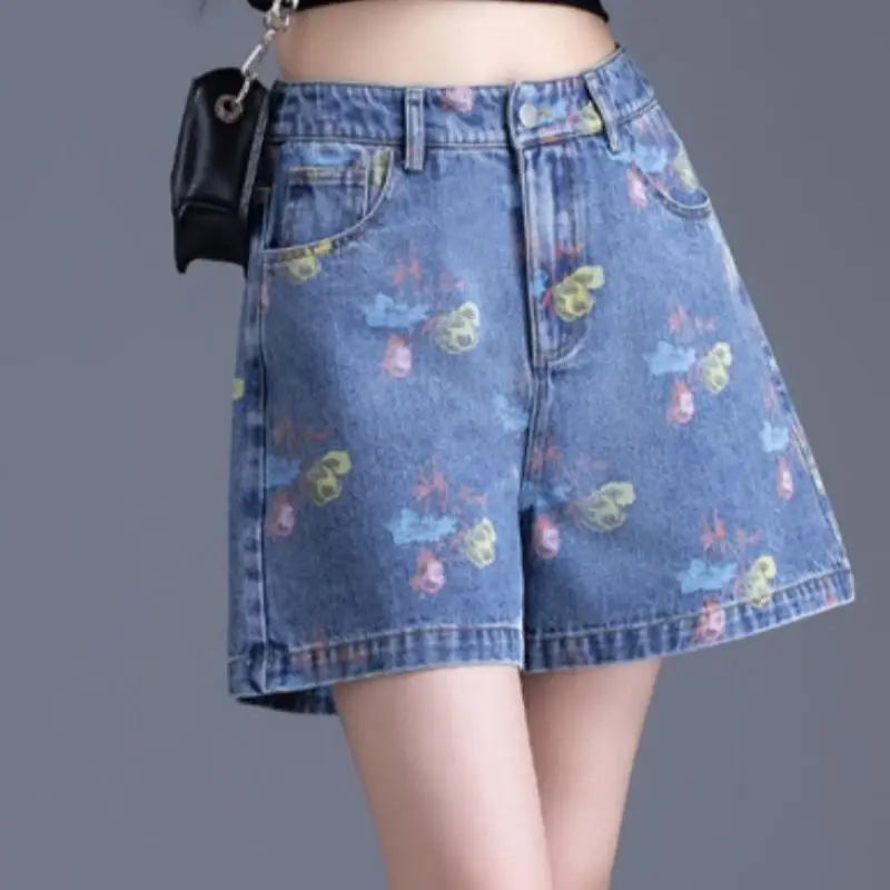 Women Summer Fashion Printing Fashionable High Waist Wide Leg Women Clothes Casual All-match Appear Thin Elegant Quarter Shorts