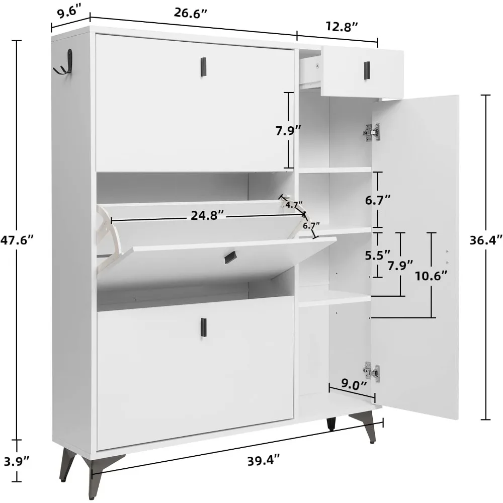 Shoe Cabinet Storage Organizer White Modern Shoes Organizer with Doors and 3 Flip Drawers Boot Rack for Entryway Hold 22 Pairs