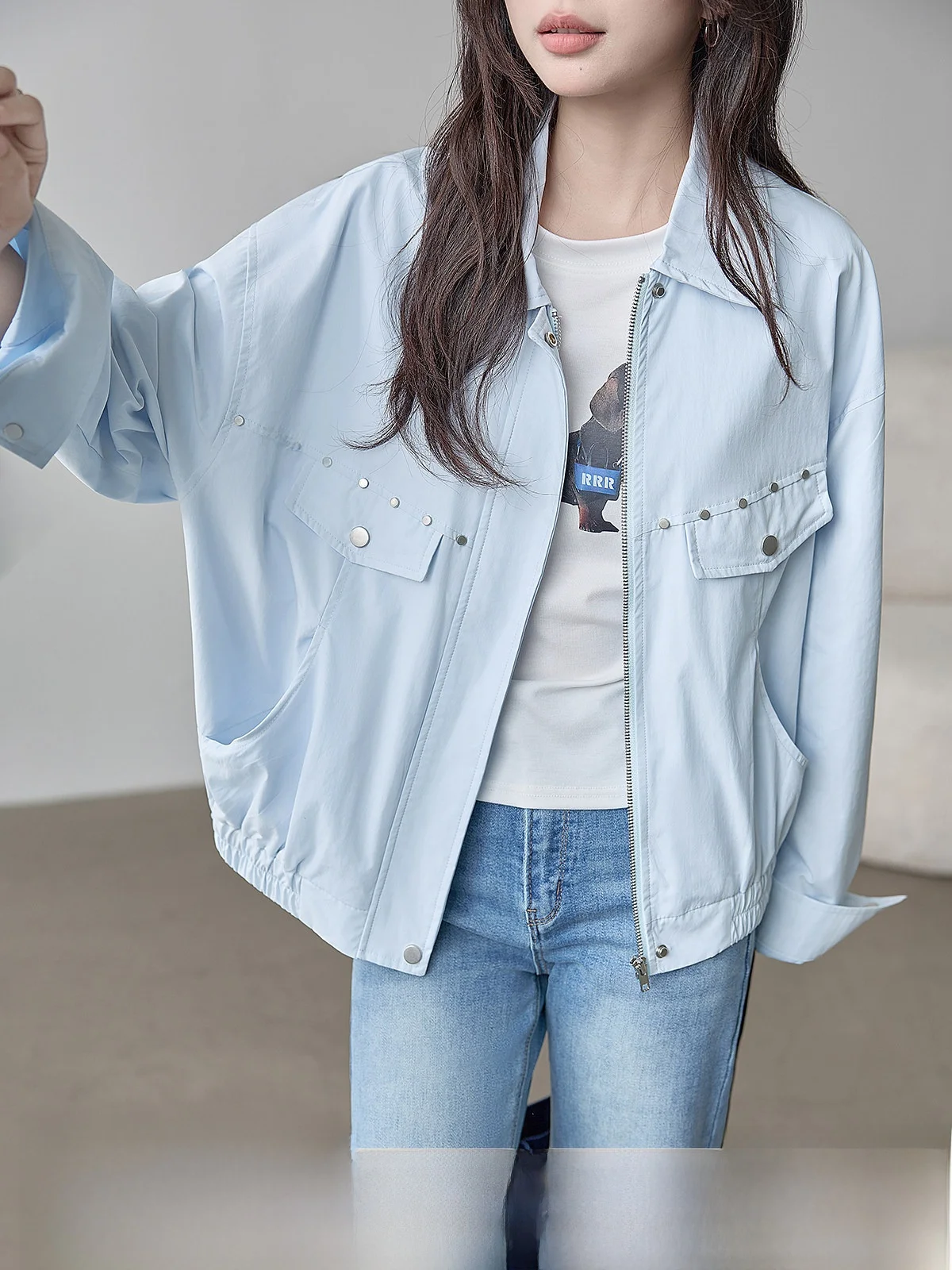 

Blue Women's Jacket Spring 2026 HUIXI Commute Style Loose Fit Metal Decorated Long Sleeve Zipper Closure Everyday Wear