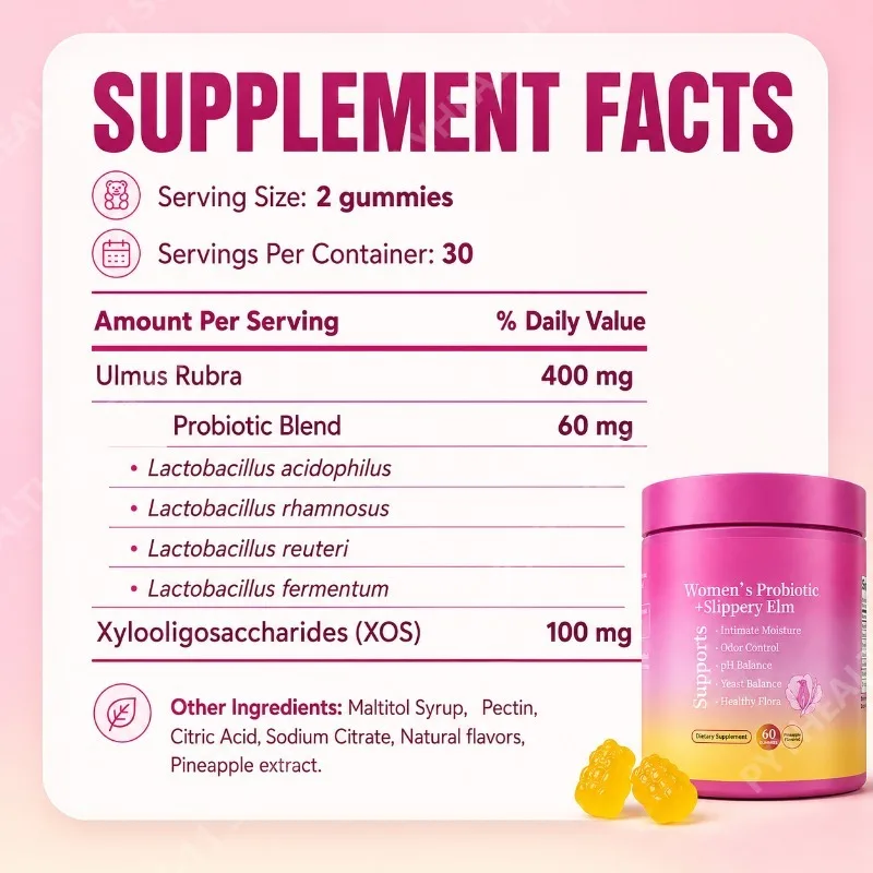 Feminine Wellness Probiotic Gummies with Slippery Elm PH Balance and Flora Support for Women Pineapple Flavor 60 Count