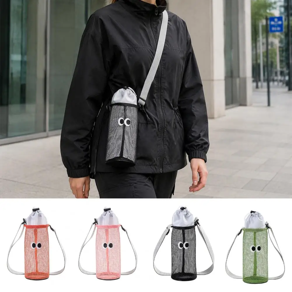 Mesh Drawstring Crossbody Cup Holder Adjustable Strap Water Bottle Carrier Bag Cute Cartoon Pattern Cup Pouch for Hiking Travel