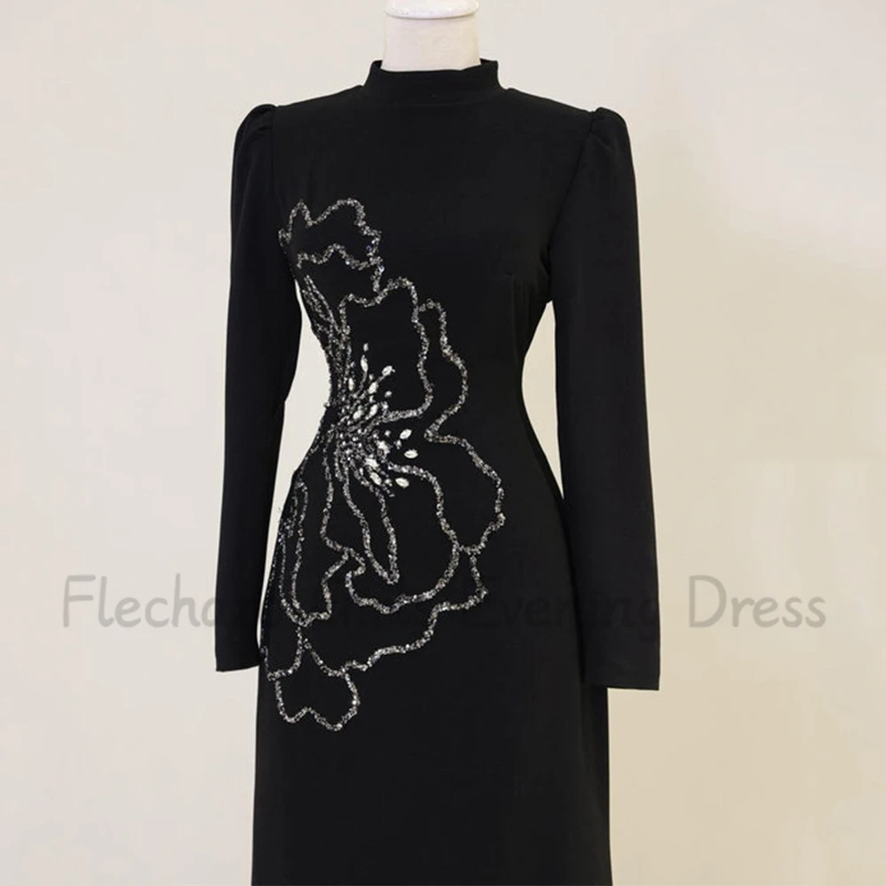 Flechazo-vestido preto de noite com pescoço alto para mulheres, vestidos personalizados, comprimento reto do tornozelo com beading, mangas compridas, festa e banquete