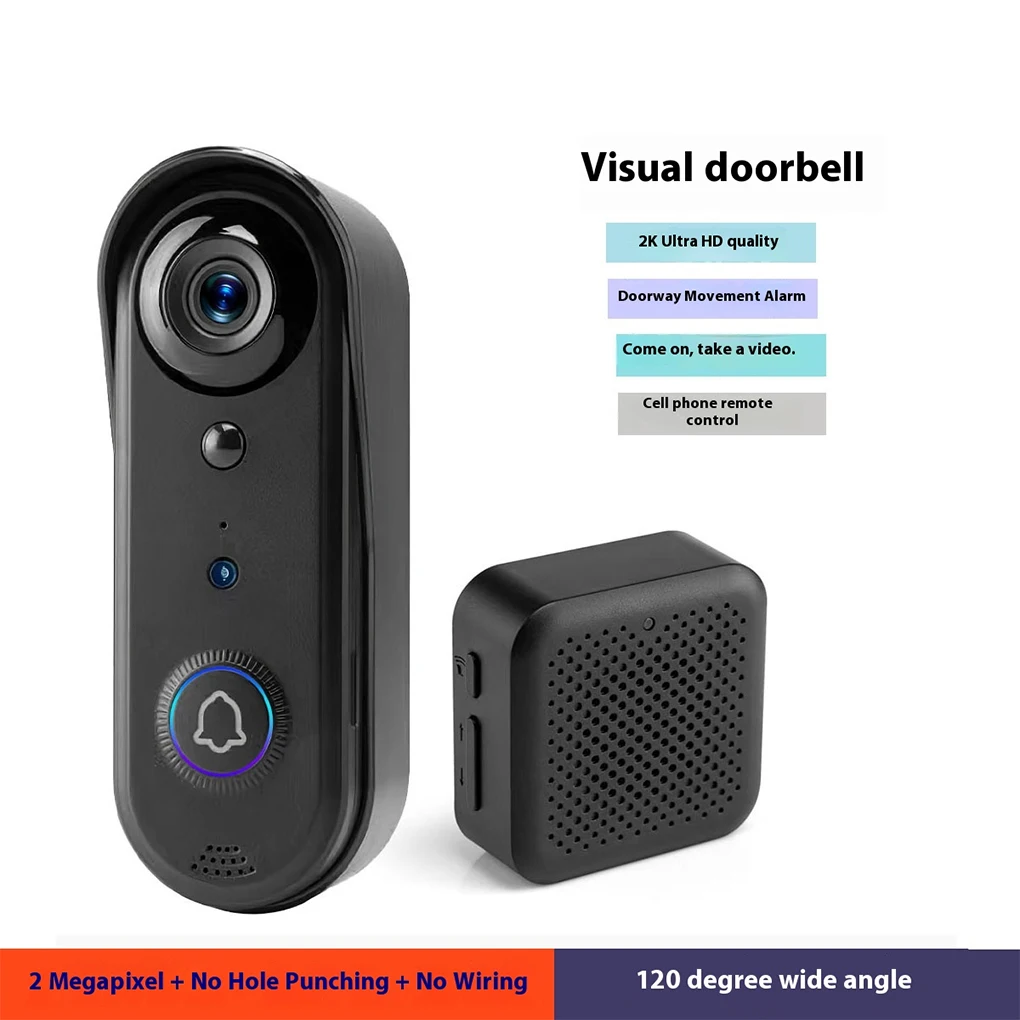 Black Visual Doorbell With Humanoid Detection Night Light For Remote Monitoring And Talk To Visitors