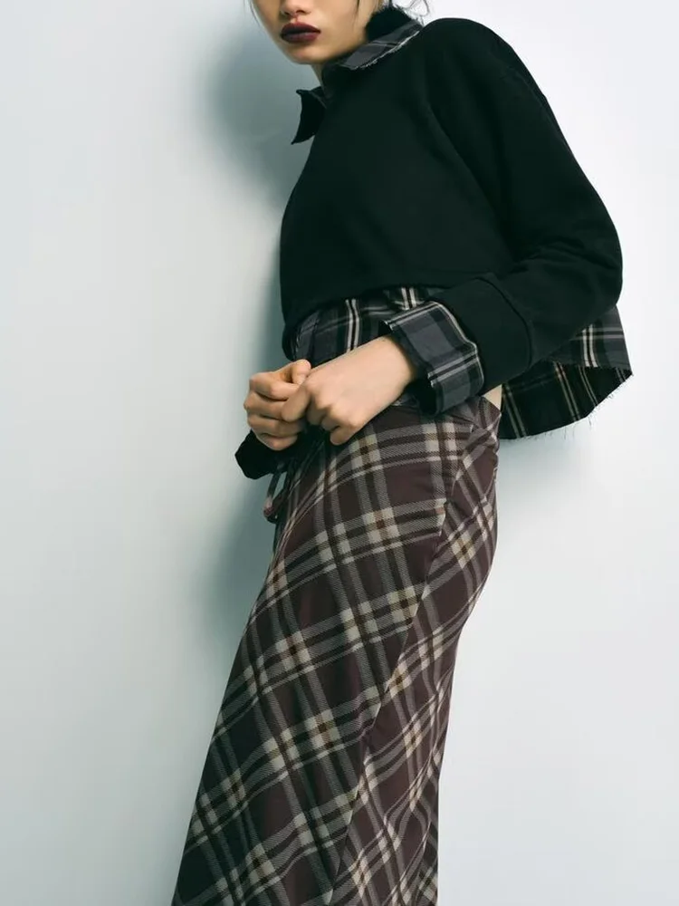 Spring New Arrival Women's Versatile Plaid Silk Me Cage Waist Contrast Color Straight f Skirt Commute Sle Midi Skirt