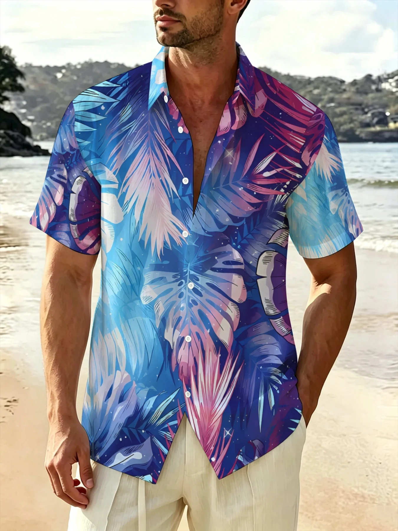 Summer vacation beach leisure party gradient purple-blue tropical palm leaf printed Hawaiian short-sleeved 3D shirt