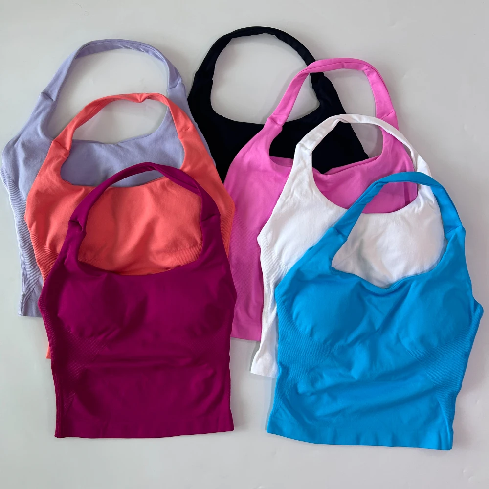 Pericic Nahtloses Neckholder-Top Rückenfrei Longline Trägerloses Gepolstertes Gym-Top für Damen mit Eingebautem BH und Herausnehmbaren Cups Activewear Yoga Tanktops – Detail 5