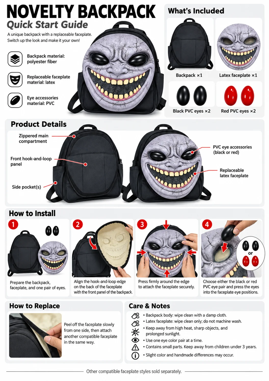 Halloween Scary Face Backpack, Detachable Monster Mask Bag with Changeable Eyes, Funny Horror Cosplay School Travel Rucksack