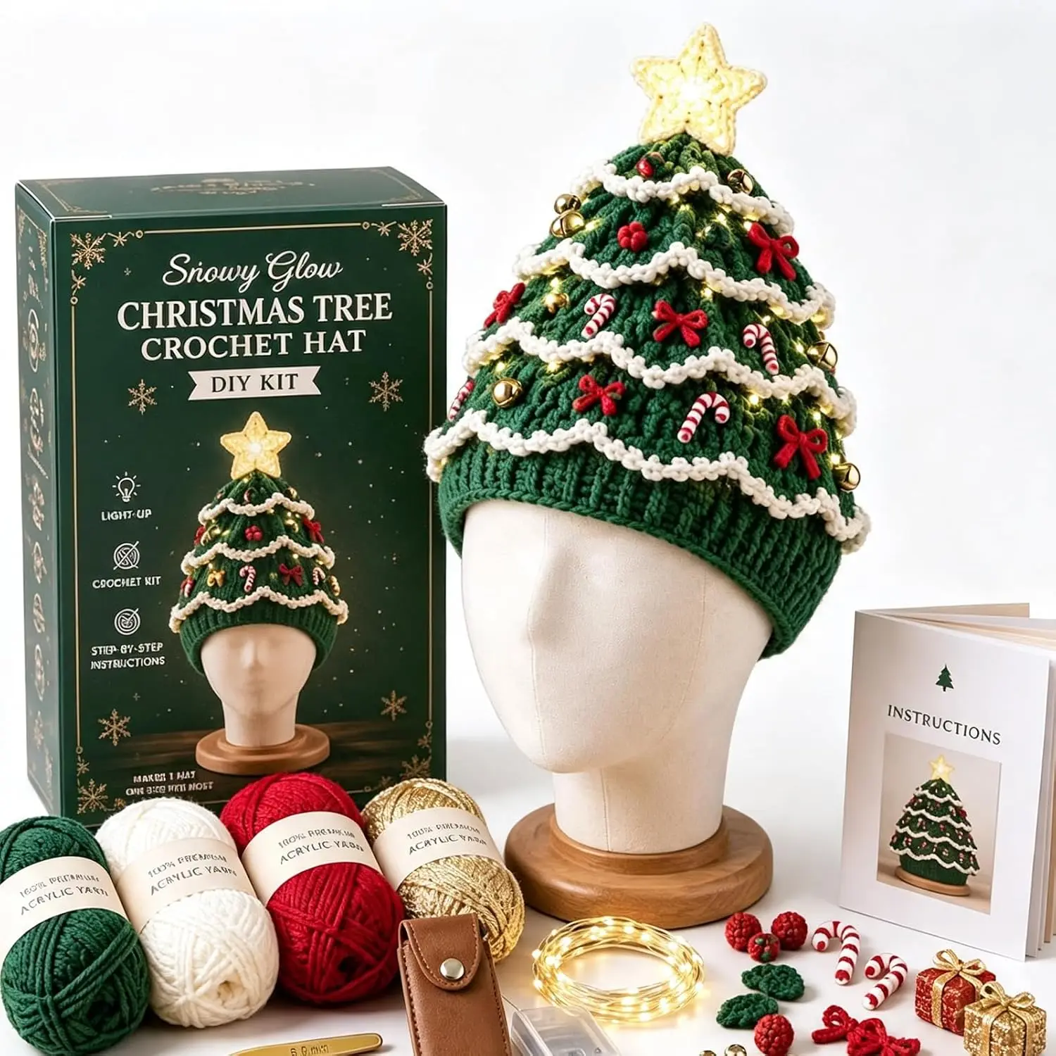 Beginner-Friendly Christmas Tree Crochet Hat DIY Kit | Complete Kit with Coordinated Yarn, Classic Christmas