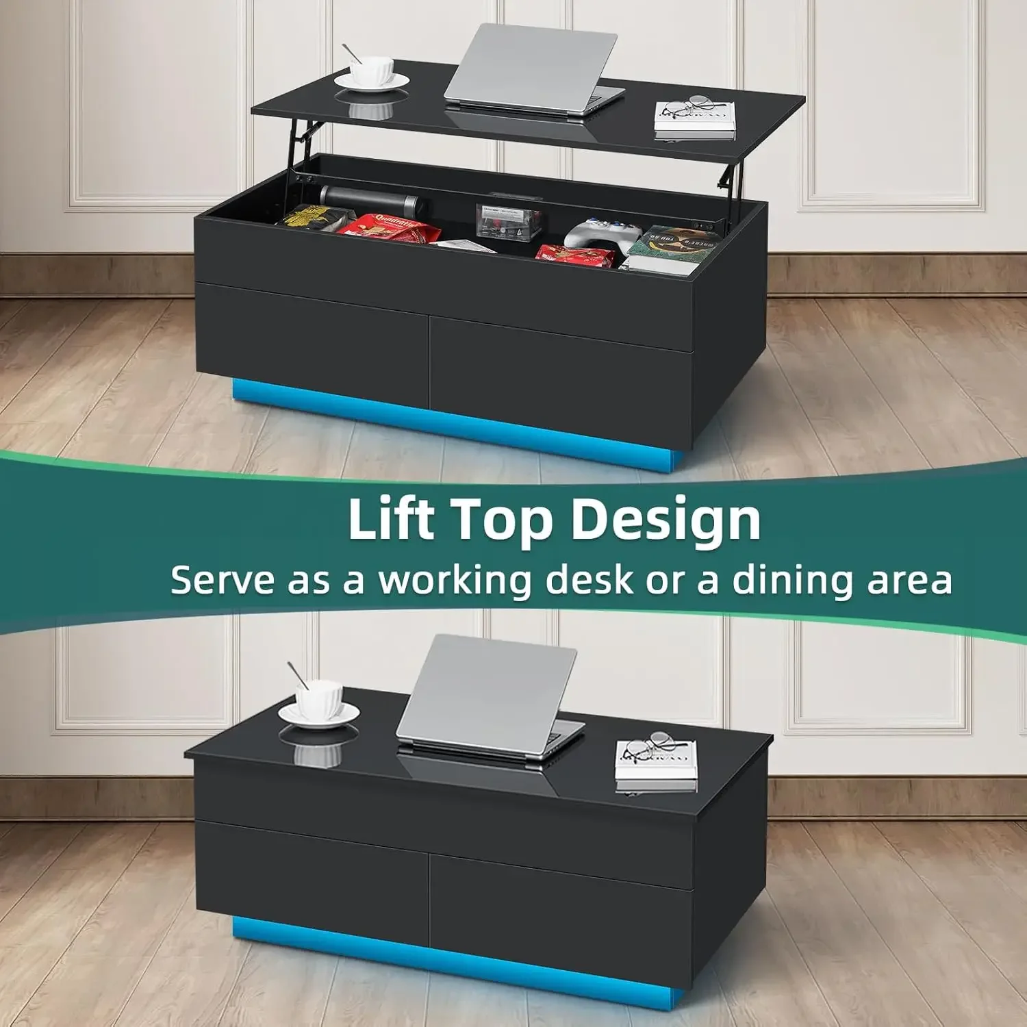 Lift Top Coffee Table with Hidden Storage LED Coffee Table Morden High Gloss Black Living Room 3 Tiers Modern Tea Table