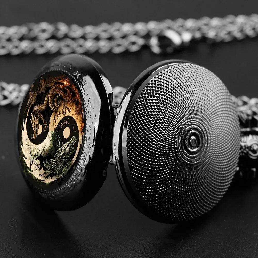 Карманные часы Dragon Moon Ying Yang со стеклянным куполом — циферблат и цепочка с арабскими цифрами, винтажный креативный подарок для мужчин и женщин
