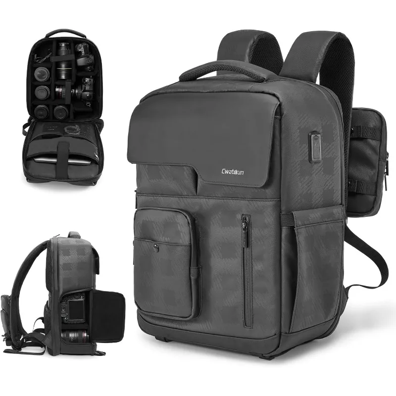 Waterproof PU Leather Camera Backpack,Tripod Holder 14-inch Laptop Sleeve, for Canon Sony Nikon DSLR Mirrorless Cameras & Lenses