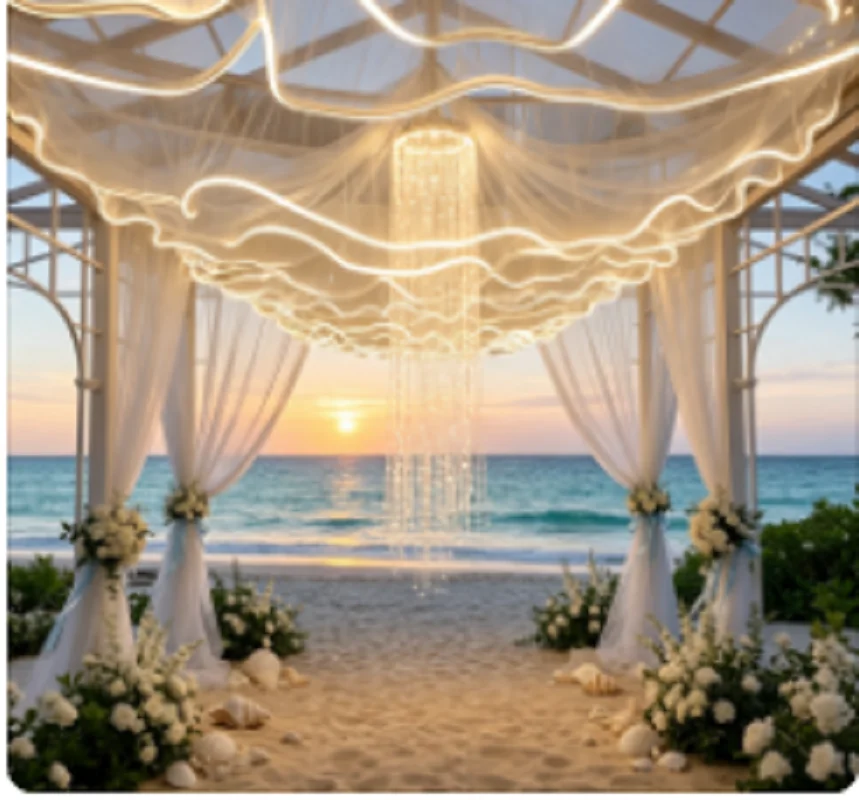 White Wave Tulle Fabric Curtain with Embedded LED Lights for Wedding Ceiling Party Christmas Decor Glowing Background Decoration