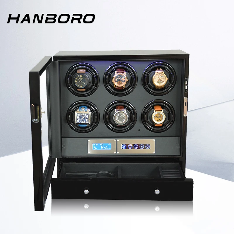

HANBORO Watch Winder with Drawer 6 Slots LCD Display Programmable Quiet Motor for Automatic Watches & Accessories Storage