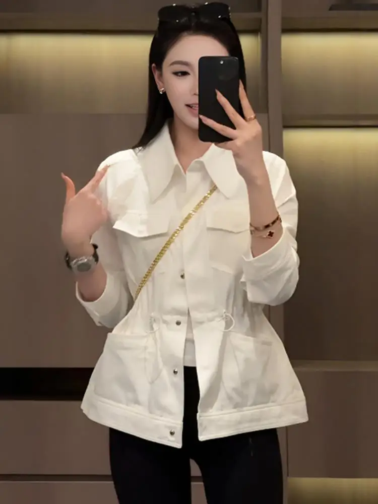 

Stylish Korean Style Women's Jacket White Workwear Fashion Outerwear Spring Autumn Seasonal Waist-Cinching Coat