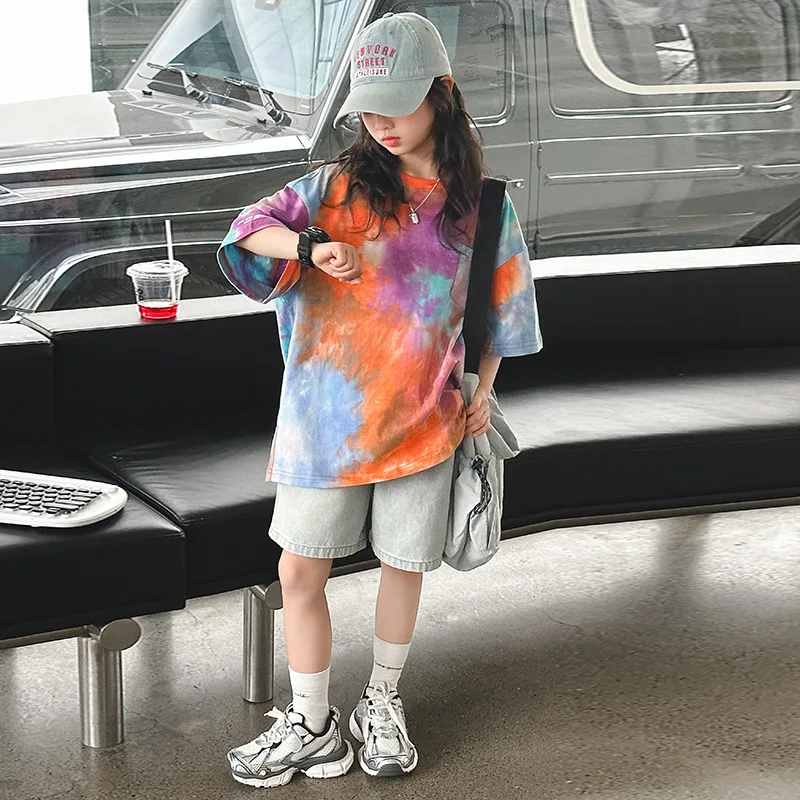 T-shirt de manga curta com bolso tie dye para meninas, versão coreana, solta, estilo coreano, simples, novo, verão, 2024