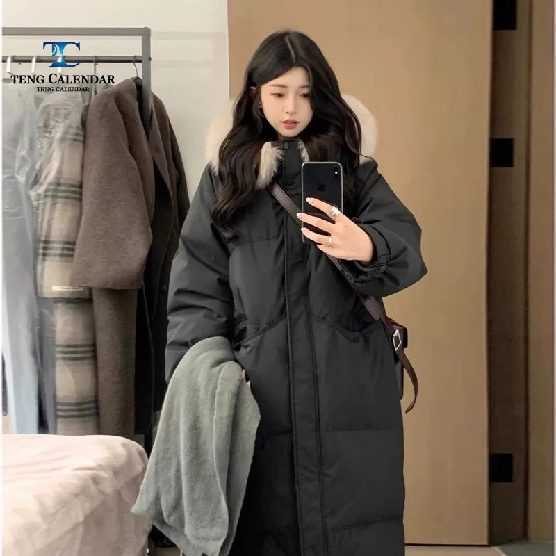Winter Down Cotton Jacket, Mid To Long Over The Knee Thick and Warm Large Wool Collar Cotton Jacket, Women's 2026 New Model